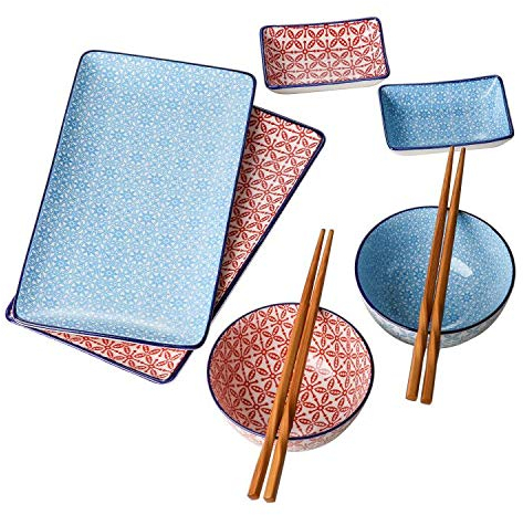 vancasso, série Macaron, Service à Sushi en Porcelaine pour 2 Personnes, 2 Assiettes Longues, 2 Bols à Soupe, 2 Paires de Baguettes, 2 Saucières, Style Exotique