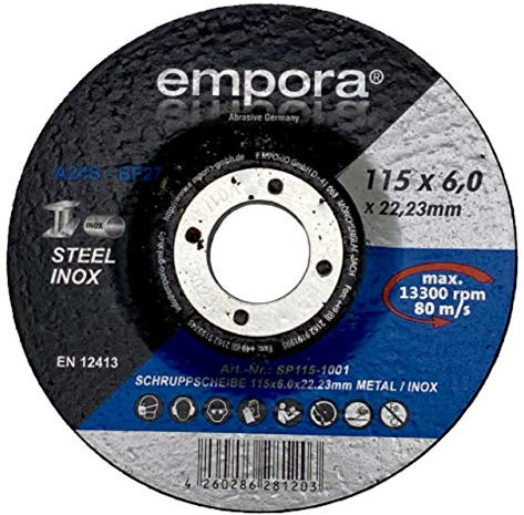 EMPORA Disques à ébarber Ø 115 mm – 125 mm – 180 mm – Tôle d'acier inoxydable métal – 6,0 mm x 22,23 mm – 80 m/s – EN 12413 (100, 115 mm)