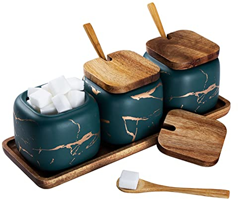 TELANKS Set Zuccheriera in Ceramica, 3 pz Condimento Box con Coperchio e Cucchiaio e Vassoio, Spezia Jar Cucina Scatola Barattolo di Spezie, Utensili da Cucina Forniture per Spezie, Verde