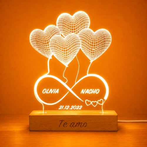 Transparent Gift Lámpara Personalizada con Nombres y Fecha Infinito Corazones. Lámparas Personalizadas con Luz LED. Regalos para Parejas. Regalos Personalizados para San Valentín. Regalos para Bodas