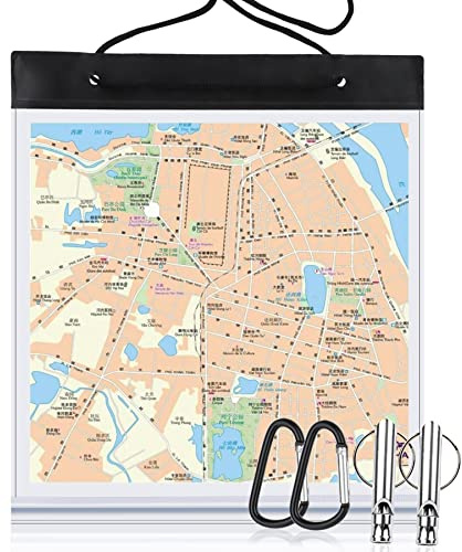 SANNIX Waterproof Map Case Transparent Map Cover with Clear Window and Neck Strap PVC Camping Map Case for Hiking (31x28cm) with Carabiner and Whistle