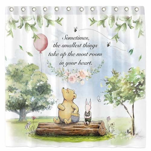 Seasonwood Klassisches Winnie-Duschvorhang-Set mit 12 Haken, Aquarell, Puuh, Mädchen, Kinder, Cartoon, Frühling, Badezimmer, wasserdicht mit waschbarem strapazierfähigem Polyestergewebe, 183x183 cm