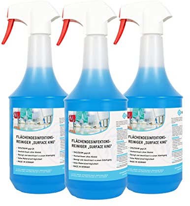 Desinfektionsreiniger für Oberflächen | hocheffizient | begrenzt viruzid | gebrauchsfertig | Kombipaket aus 3 x 1 Liter Sprühflaschen | Wellness, Solarium, Yogamatte, Sportgeräte, Gastro uvm.