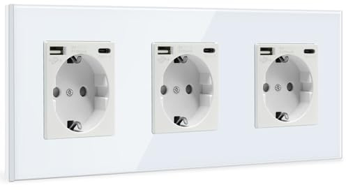 BSEED USB Steckdose Tripel Weiß Schuko Wandsteckdose mit USB Anschluss (Max. 2.1A) Typ C Port Unterputz Steckdose Glas Ladegerät für Handys, Laptops etc