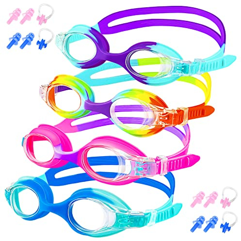 XDX Kids Goggles for Swimming 4-14, 4 Pack Kids Adjustable Swimming Goggles for Boys and Girls, Anti Fog Swimming Goggles with UV Protection