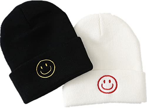 LANLYLGQ 2Stück Beanie Unisex Herren Damen Wintermütze Strickmütze Warmmütze Skimütze Stickerei Smiley Face (Schwarz+Weiß Z)