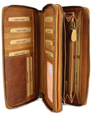 Belli Hochwertige XXL Vintage Leder Damen Geldbörse Portemonnaie langes Portmonee Geldbeutel Organizer mit extra vielen Fächern inkl. RFID in braun Gemustert - 20x11x3,5cm (B x H x T)