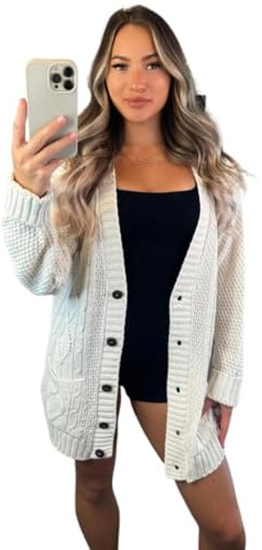Crazy Fashion Women’s Long Sleeve Grandad Open Front Button Top Chunky Aran Cable Knitted Cardigan Ladies Sweater Winter Jumper UK 8-22