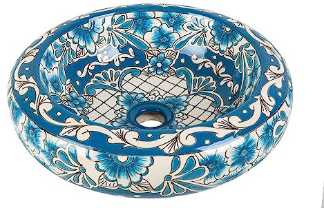 Lorena prima - Lavabo en céramique colorée en bleu avec relief, vasque à poser ronde mexicaine | Évier en céramique Talavera de 40 cm du Mexique