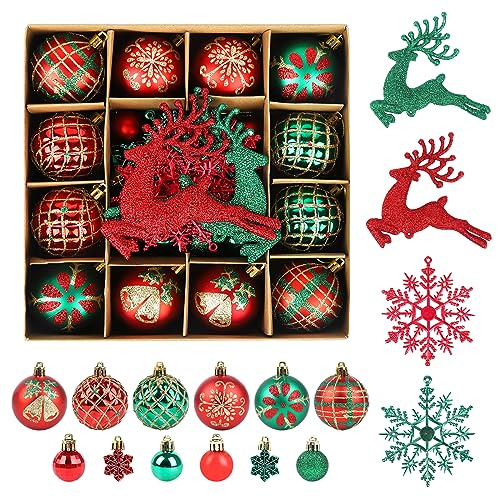 40 Piezas Rojo Verde Purpurina Bolas de Navidad Copos de Nieve Decoraciones del Árbol de Navidad Inastillables Adornos del Árbol de Navidad para Árboles de Navidad Guirnaldas