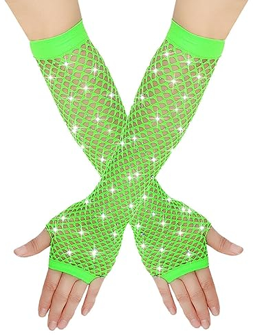 Yurosiay Lang Strass Netzhandschuhe Damen Bunt Fingerlose Mesh Handschuhe Elastisch Fischnetz Handschuhe Mit Strass Mode Fingerlose Abendhandschuhe für 80er Tanz Kostümabend Party Grün