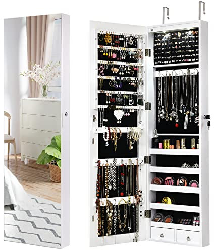 GYMAX Armadietto Portagioie da Parete, con Specchio e Luci di LED, Scaffale/Gancio per Orecchio/Collana/Braccialetto, 36 x 10 x 120 cm (Bianco)