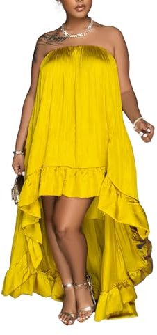Womens Casual Summer Dress High Low Ruffle Hem Silk Maxi Dress Strapless Yellow S