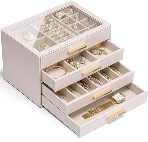Vlando Caja Grande de Joyas con 4 Niveles, Organizador de Joyas con Tapa de Vidrio, 4 Cajones, para Collares, Pendientes, Relojes, Pulseras, Almacenamiento de Joyas, Moderno, Cinderella Plus, Rosa