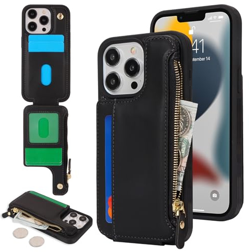 SailorTech Schutzhülle für iPhone 13 Pro, mit Kreditkartenfach für Herren, iPhone 13 Pro Hülle mit Kreditkartenfächern, Brieftasche, Reißverschluss, Schwarz