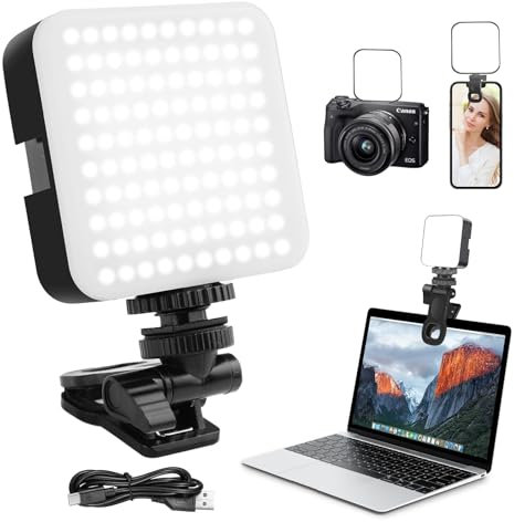 LANAFAY 100 LED Professionale Luce Video, 3000-5500K 3 Modalità di Luce Video, Batterie Integrate da 1200Mah, CRI 90+, Luce Selfie con Clips per Telefono per Video Conferenza per iPhone, iPad, Laptop
