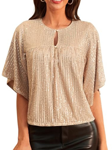 GRACE KARIN Damen Festliche Pailletten Party Tops 1/2 Ärmel Rundhals Glitzer Obertiel Champagner Gold S