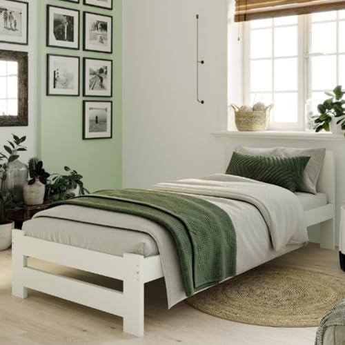 Home Collective Holzbett 90x200 cm mit Lattenrost Modern Bett Bed Kiefer Massiv Bettgestell Einzelbett Massivholzbett Klassisch Komfortabel & Langlebig Skandinavisch Boho Landhaus Kopfteil mittel weiß