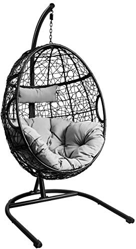 COSTWAY Swing Egg Chair with Stand, Rattan Wicker Hammock Chair with Soft Cushion and Head Pillow, Indoor Outdoor Hanging Egg Basket Seat for Garden Patio Yard Living Room (Grey)