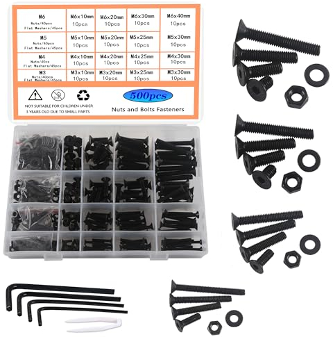 HVDHYY 500pcs Boulons et Écrous M3 M4 M5 M6 Noir Vis a Tête Cylindrique en Acier Au Carbone Vis Mécaniques Écrous Rondelles Kit D'assortiment Tête Ronde avec Boîte de Rangement Livré Avec 4 Clés