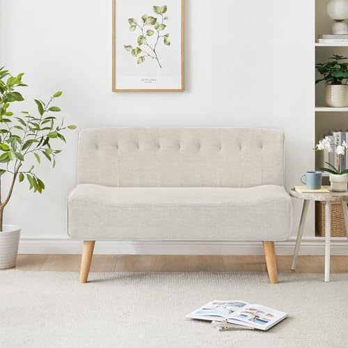 Litake Sofá tapizado de 2 plazas, sofá de tela, sofá doble con aspecto de lino y patas de madera, muebles de aspecto retro para espacios pequeños, salón, dormitorio, sala de juegos, color beige, 117 x