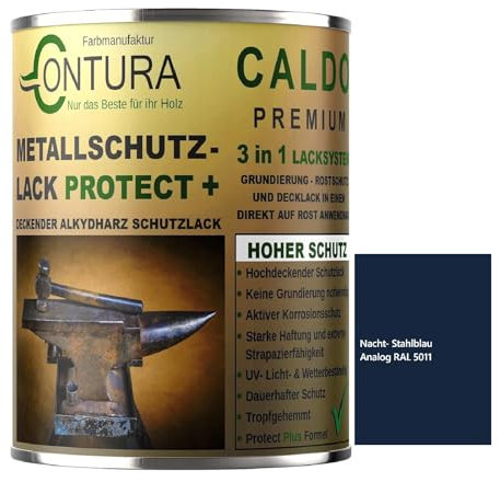 Contura 3in1 Rostschutzfarbe Metallschutzlack Seidenmatt RAL Metall Lack Farbe Grundierung (RAL 5011 Stahlblau, 500ml.)