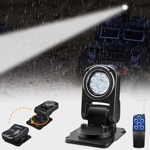 Remote LED Spot Lights for Trucks, Auto-Return 360 Rotating Search Light for Truck Marine Spotlight 180 Folding Backup Lights 12V 24V, Permanent Mount