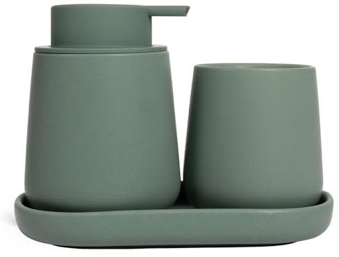Autumnlife Badezimmer Set Grün, 3-teiliges Badezimmer Zubehör Set aus Keramik, Dekoratives Badzubehör Enthält Seifenspender Zahnputzbecher & Badablage für Schmuck, Geeignet für Bad,Waschbecken