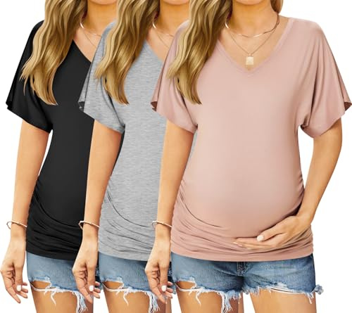 Ekouaer 3 Pack Maternity Shirts V Neck Dolman Sleeve Side Ruched Pregnancy Tops Tunic Blouse Black/Grey/Pink Small