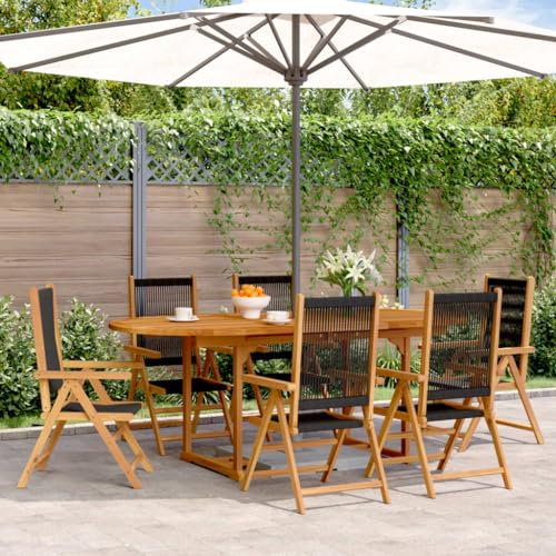 Homgoday Set da pranzo da giardino 7 pezzi Polipropilene Legno massello Nero, Sedia Tavolo Cucina Esterno Terrazza Patio Balcone Mobili