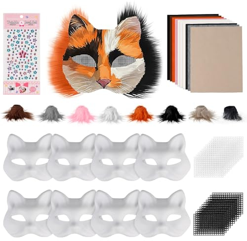 Giftota 8 Stück Katzenmasken zum Bemalen, DIY Papier Maske mit 8 Kuns Fell und 20 Eye Mesh, DIY Weiße Maske, Therian Mask, für Maskerade, Halloween, Karneval, Cosplay