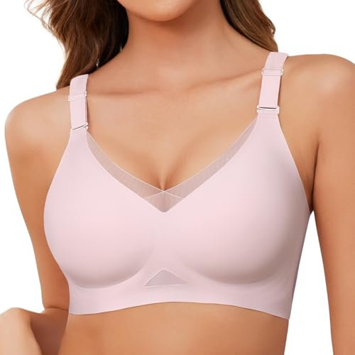 Lonya Reggiseno Senza Ferretto Donna Push Up Reggiseni Scollo a V Support Imbottito Senza Cuciture Comfy Bralette Pizzo Comodo Bra Rosa,M