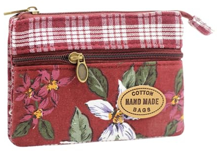 Energather Small Coin Pouch, Cotton Coin Bag Coin Purses for Women and Girls, Floral Pattern Coin Bags Small Pouch with Zipper Coin Holder for Change, Card, Receipt (red)