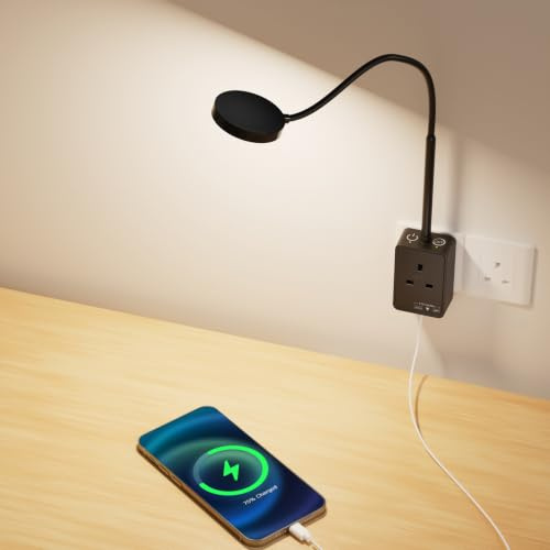 PRINCEWAY Plug in LED Wall Mounted Reading Light, Flexible Dimmable LED Black Wall Sconce Light with Power Plug and Outlet, Two Touch Switches, 3 Lighting Color Modes, USB Output Charging Ports