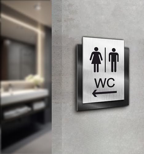 Türschild | WC Damen Herren Pfeil Links | Silber und Anthrazit gebürstet | Edle Ausführung | Selbstklebend | UV Druck 20 x 15cm - 6mm Aluverbund - Made in Germany Art.Nr. E 2101