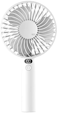 Portable USB Rechargeable Handheld Fan, 3 Wind Speeds, LED Display, Electric Hand Fan for Home Office School Camping Outdoor, Compact and Travel-Friendly, Free Standing Horizontal and Vertical (White)