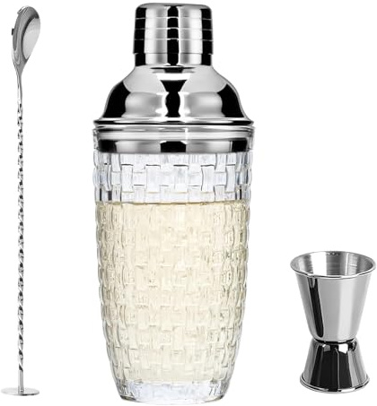 Glas Cocktailshaker400ml,Strickmuster Klarglas Cocktail Shaker Set,Cocktail Shaker Glas Mixer mit Edelstahl Messbecher und Schaufel,Gläser Shaker für Zuhause Bar Wein Gemischte Fruchtsäfte Geträn