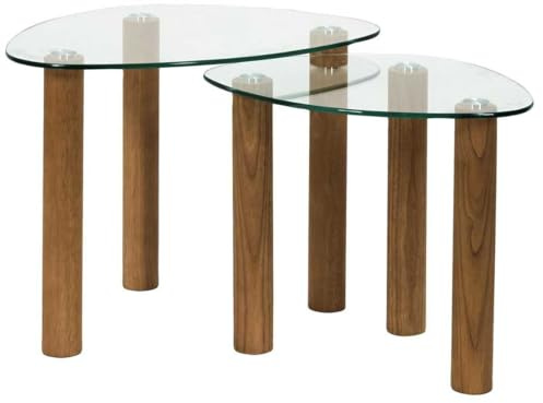 AltoBuy Lot de 2 Tables Basses gigogne Forme Galet en Verre trempé Pieds en hévéa - Inaya