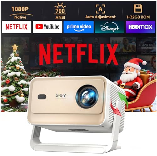 Smart Projector with WiFi 6 and Bluetooth, 700 ANSI Native 1080P, 4K Support, 4D Auto Keystone & Auto Focus, Compatible with Netflix, Voice Control, FHD Home Theater Projector, Xgody Gimbal N6 Pro
