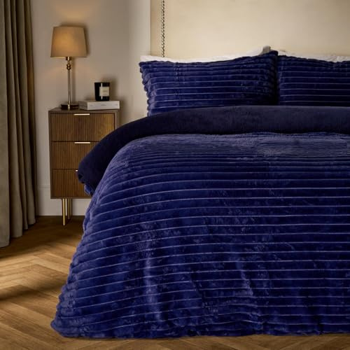 OHS Ribbed Faux Fur King Size Duvet Cover Set, Luxurious Cosy Autumn Winter Bedding Set Super Soft Cosy Warm Plush Teddy Fleece Reversible Quilt Duvet Cover with Pillowcases, Navy