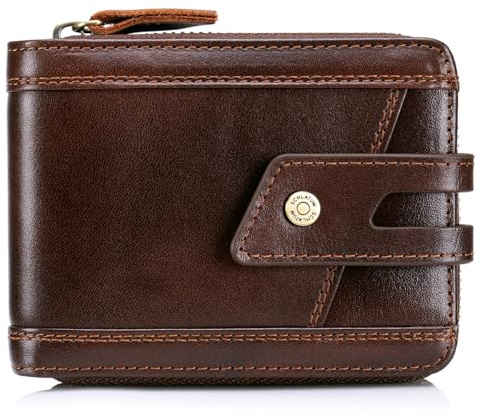 SCHLATUM Zipper Wallet for Men Large Capacity RFID Blocking Genuine Leather Vintage Wallet with Coin Pocket ID Window, Coffee, 4.7 x 3.5 x 1.2 inches, Retro