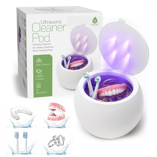 Pursonic Limpiador ultrasónico – Limpiador ultrasónico compacto con luz UV-C y frecuencia de 42 kHz – Herramienta de limpieza para dentaduras postizas, cabezales de cepillo de dientes, joyas, llaves y
