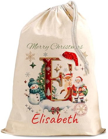 EMIT PRINT Personalisierter Weihnachtsmann Sack XL (50x75cm) - Hochwertiger Weihnachtssack aus Baumwolle mit Individuellem Buchstaben & Namen und Sicherem Kordelzug | Weihnachts Geschenk für Kinder