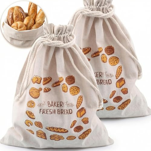 2Pcs Linen Bread Bag for Homemade Bread, Reusable Breads Drawstring Bags to Keep Bread Fresh, Food Storage Bags for Bakeries, Home
