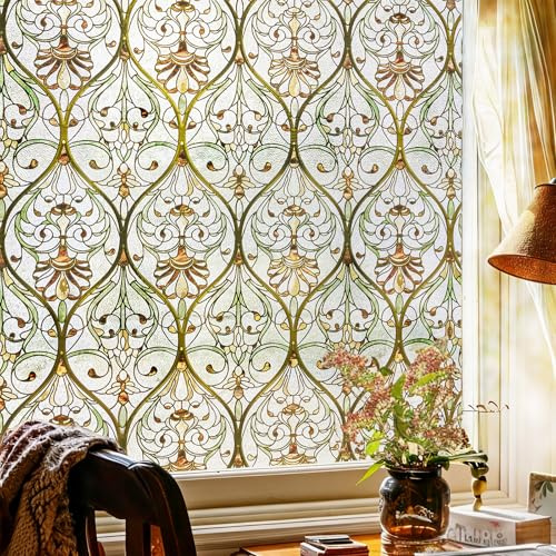 Fensterfolie Blickdicht Selbsthaftend, Sichtschutzfolie Fenster Innen Statische Fensterfolie ohne Kleber, Fenster Folie Blickschutz für Bad Kinderzimmer, Geißblattmelodie 44X120CM