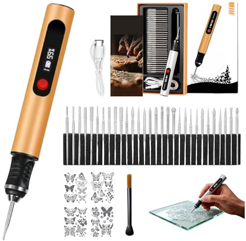 Snrtevu Kit Complet de Graveur Électrique - Le Graveur, Stylo Graveur Sans Fil 3 Vitesses, 30 Têtes et Multiple Gabarits, Outil Portable pour Gravure sur Bois/Métal/Verre DIY (1PC-B1)