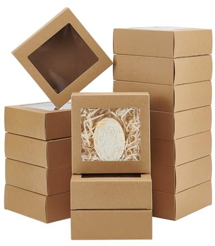 BENECREAT 50 Packung Quadratische Schaukastenboxen 14x14x5cm Klare Fenster Geschenkboxen Kraftpapier Geschenkverpackung für Hochzeitsgeschenke Partymitgebsel und Bastelbedarf