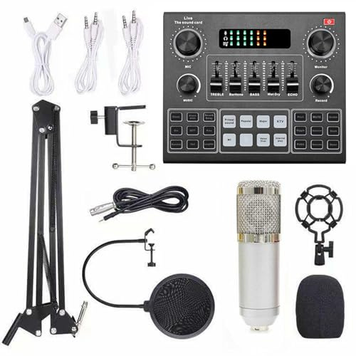 Eujgoov Kit de Micrófono y Tarjeta de Sonido Inteligente, Acero ABS, 12 Opciones de Sonido, Transmisión en Vivo, Ideal para Podcasters y Músicos (Silver)