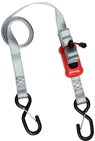 Master Lock 3313EURDAT Spanngurt Automatik mit S-Haken und Ratsche, Grau, 2,5 m x 25 mm Gurt