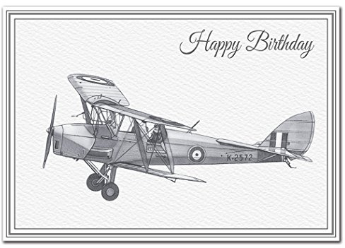 Happy Birthday wishes for men and women. Unique Fine Art card for him or her. Giclée print of hand drawn De Havilland Tiger Moth airplane. Aircraft flying and plane enthusiasts